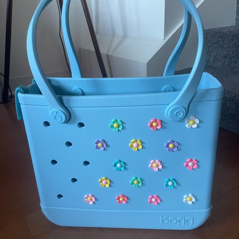 BOGG BAG Blue Tote with Colorful Floral Accents